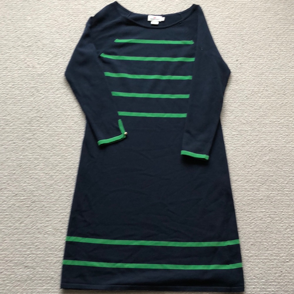 Vineyard Vines Navy Blue Long Sleeve Dress with Green Stripes